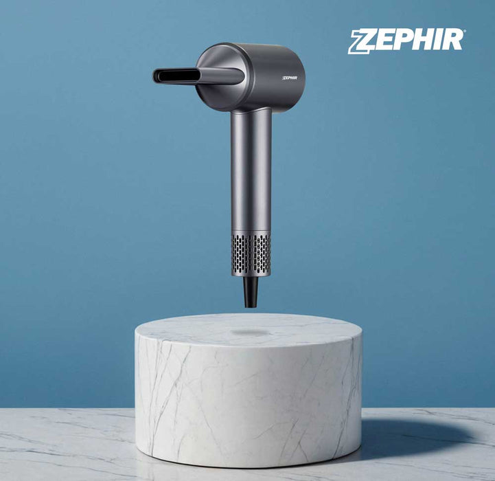 Asciugacapelli ultrasonico Zephir professionale 1800W in metallo grigio con display digitale e bocchetta concentratrice, tecnologia avanzata
