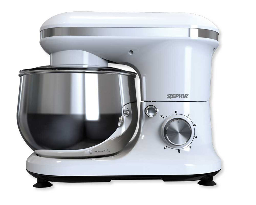 Impastatrice planetaria Zephir 1000W in acciaio bianco con ciotola in acciaio inox, controllo rotativo e design moderno per cucina professionale