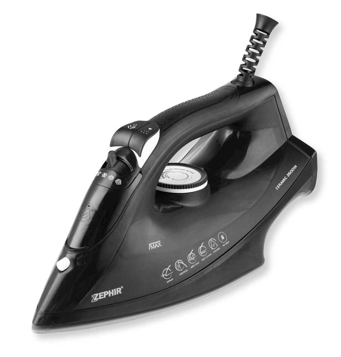 Ferro da stiro Zephir 2610W con piastra in ceramica nera, funzione vapore verticale, manico ergonomico e base di supporto, ideale per tessuti diversi.