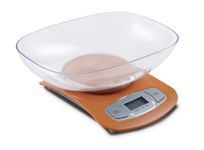 Bilancia digitale da cucina Zephir con contenitore trasparente, base in arancione, display LCD e tasti funzione, ideale per pesare alimenti