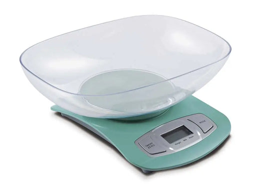 Bilancia digitale da cucina Zephir con contenitore trasparente, base in verde menta, display LCD e tasti funzione, perfetta per cucina