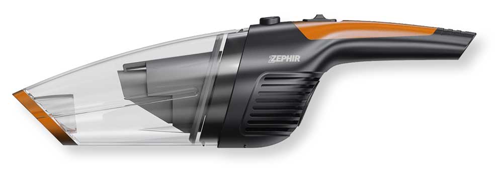 Aspiratutto ricaricabile Zephir Wet&Dry 65W con corpo nero e dettagli arancioni, bocchetta trasparente per pulizia superfici asciutte e bagnate.