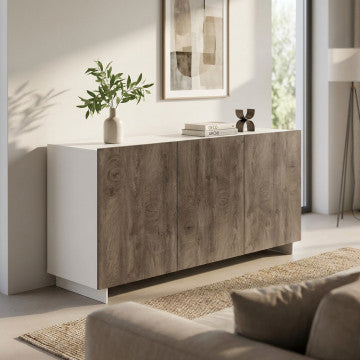 Credenza in truciolare bilaminato bianco e rovere chiaro 150x40x76 cm