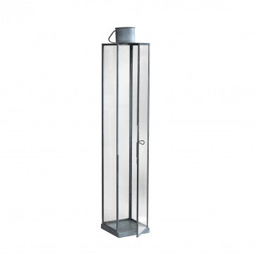 Lanterna in metallo e vetro grigio, altezza 57 cm, base quadrata 10x10