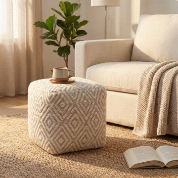 Pouf quadrato in lana avorio, dimensioni 40x40x40 cm, peso 2,24 kg
