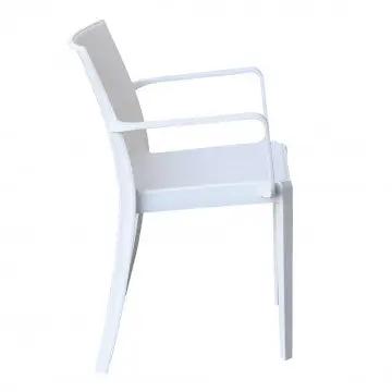 Vista laterale della poltrona Victoria in polipropilene bianco, con braccioli ergonomici e struttura leggera.