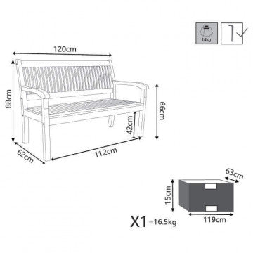 Dimensioni e schema di una panca in legno di acacia massiccio, lunghezza 120 cm, altezza 88 cm, peso 16,5 kg, ideale per arredo esterno