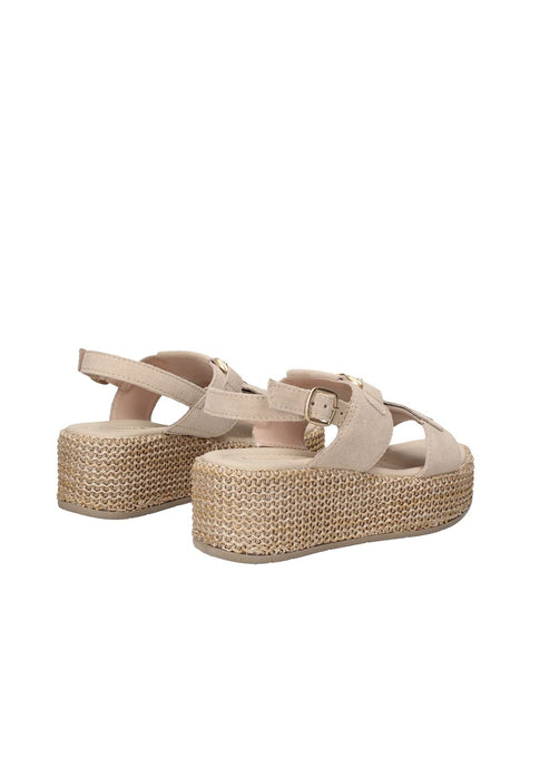 Sandalo Imma In Camoscio Con Chiusura A Cinturino Alla Caviglia Frangia Sottopiede In Pelle Fodera In Raffia 6cm