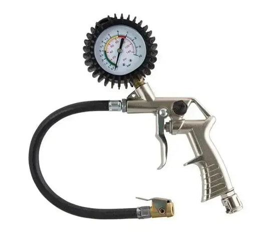 Pistola gonfiaggio nichelata 25/D 11/A con manometro e tubo flessibile per aria compressa, ideale per utensili e accessori pneumatici.