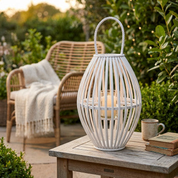 Lanterna in vimini bianco con vetro, diametro 32 cm, altezza 50 cm
