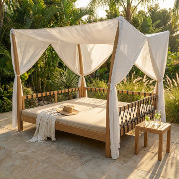 Gazebo letto in teak con cuscini, 210x200x30 cm, peso 95 kg