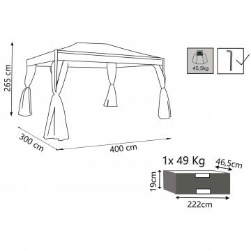 Gazebo 3x4 metri telo poliestere beige 200-160 gr, struttura acciaio verniciato nero