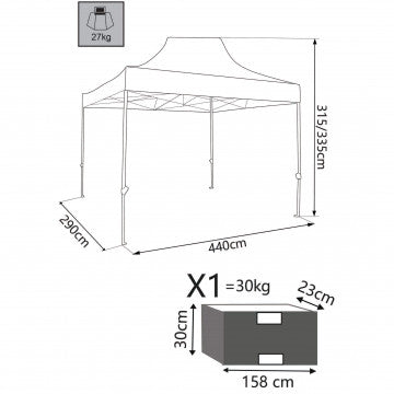 Gazebo 3x4,5 metri telo poliestere 420D struttura acciaio