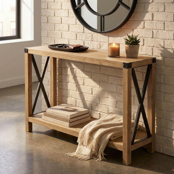 Mobile in ferro e legno con 2 ripiani, dimensioni 115,50x37x82 cm
