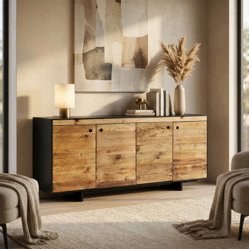 Mobile 4 ante in legno pino riciclato naturale e nero 180x48x76 cm