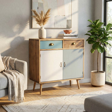 Mobiletto in MDF e legno di pino con 2 ante e 2 cassetti colorati