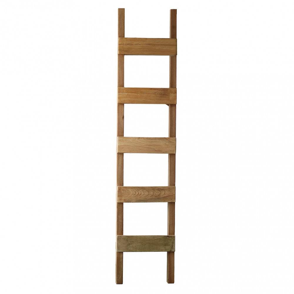 Scaletta in legno naturale con cinque gradini, ideale per decorazioni esterne o interne, in stile rustico, lunghezza 170 cm
