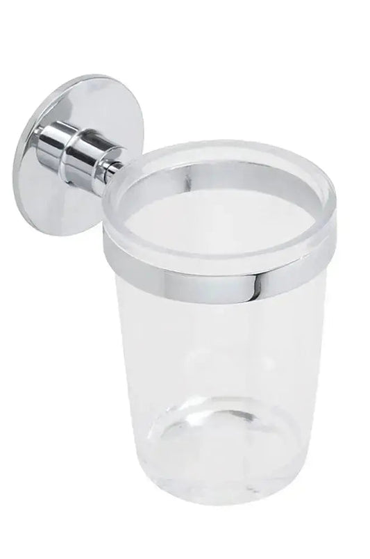 Portaspazzolino ACC/ABS ADES-VITI in acciaio cromato con bicchiere trasparente, fissaggio a parete con adesivo o viti. Accessorio bagno moderno.