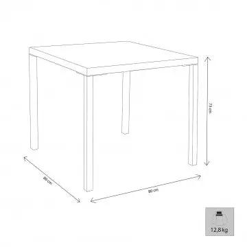 Disegno tecnico del Tavolo Manchester impilabile 80 X 80 con dimensioni e peso di 12,8 kg, realizzato in acciaio verniciato a polvere.