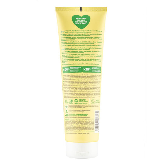 Retro del tubetto di ALAMA FREQUENT CONDITIONER, dettagli sulle proprietà naturali, ingredienti e benefici per capelli sani e morbidi.