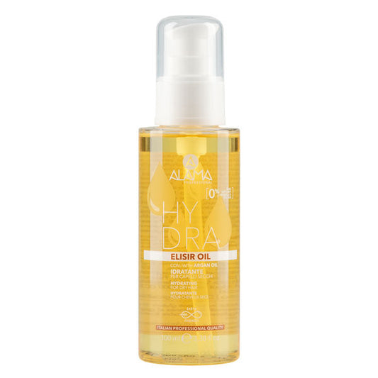 Flacone di olio idratante per capelli secchi Alama Hydra Elisir Oil con olio d'Argan, contenitore da 100 ml, spray trasparente e giallo