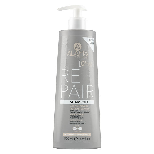 Shampoo ristrutturante ALAMA Repair per capelli sfibrati, contenente cheratina, in bottiglia da 500 ml con dispenser bianco, ideale per capelli danneggiati