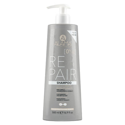 Shampoo ristrutturante ALAMA Repair per capelli sfibrati, contenente cheratina, in bottiglia da 500 ml con dispenser bianco, ideale per capelli danneggiati