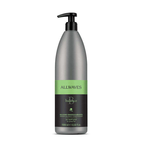Balsamo seboequilibrante Allwaves Balance in bottiglia da 1000 ml con dispenser nero, formula per capelli grassi e sebo in eccesso, arricchito con ortica.