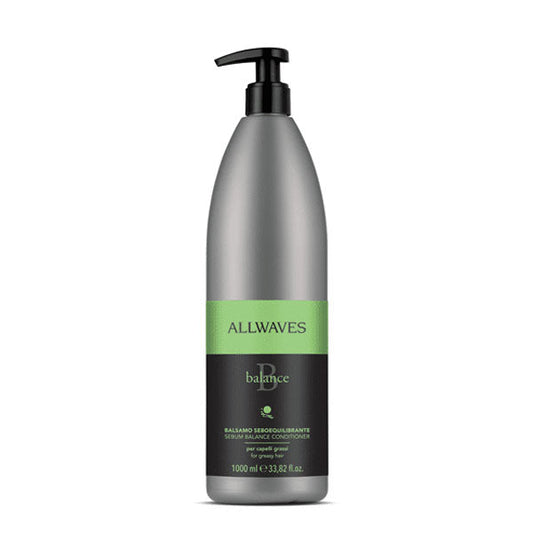 Balsamo seboequilibrante Allwaves Balance in bottiglia da 1000 ml con dispenser nero, formula per capelli grassi e sebo in eccesso, arricchito con ortica.