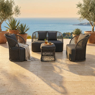 Salotto con struttura in alluminio, corda PVC e rivestimento poliestere-cotone