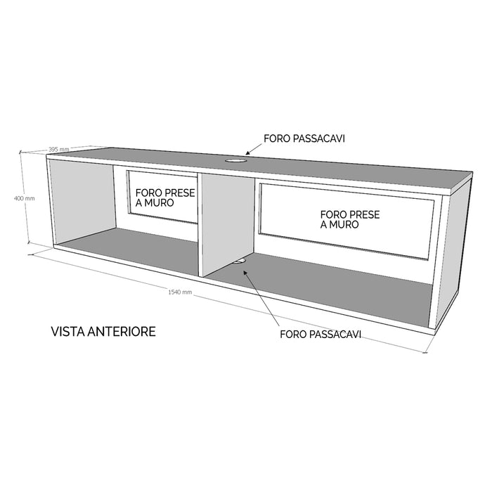 Schema tecnico Base TV Ribalta con foro passacavi, vista anteriore