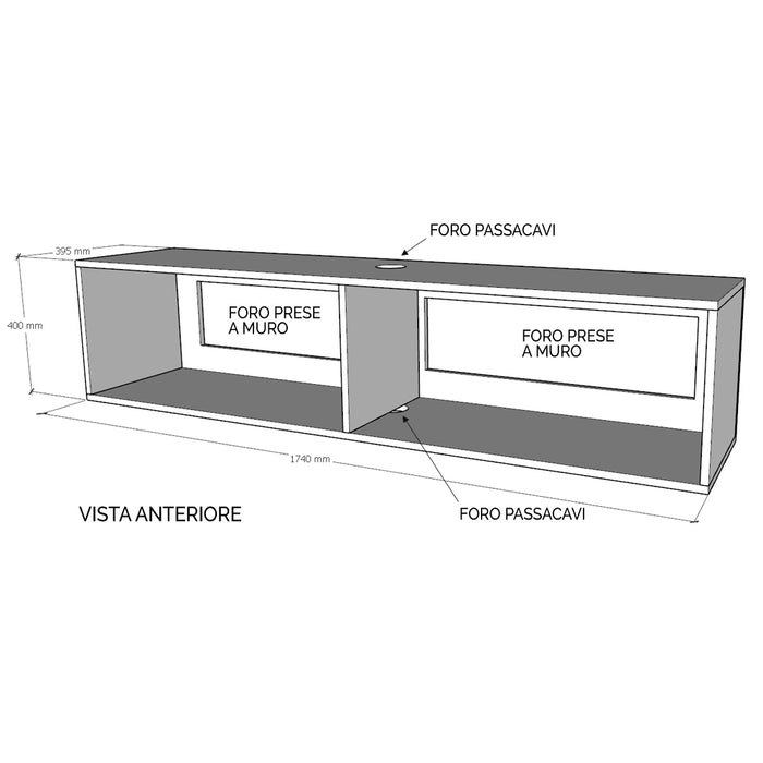 Schema tecnico Base TV Ribalta con foro passacavi, vista anteriore