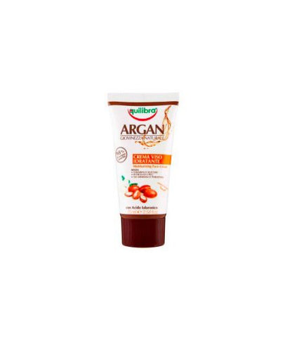 Tubo di crema viso idratante argan Equilibra con estratto di dattero, formato da 75 ml, ideale per idratazione profonda e pelle levigata