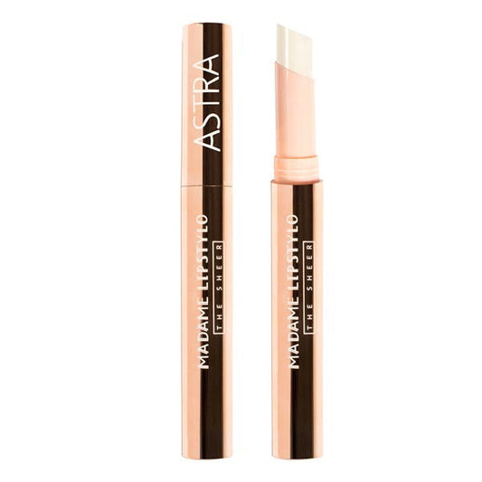 Rossetto idratante labbra Astra Madame Lipstylo The Sheer Cliche Couture 01 in confezione rosa con dettagli oro, applicatore con texture leggera