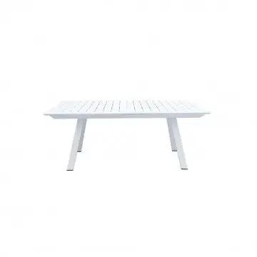 Vista frontale del tavolo Zante bianco chiuso, struttura solida e design minimalista in alluminio.