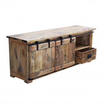 Porta TV legno mango 150 cm con 2 ante scorrevoli, ripiano e 2 cassetti