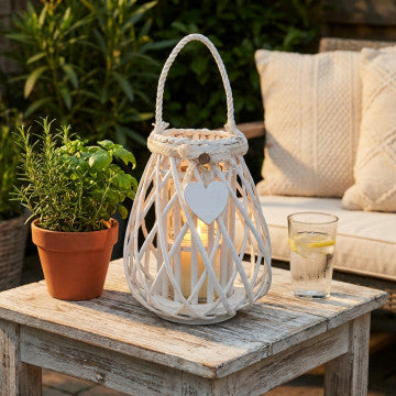 Lanterna in vimini e vetro con nastro pizzo - Ø 26 cm - Altezza 30 cm