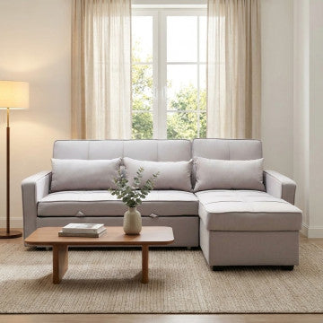 Divano letto in tessuto tortora, dimensioni 210x164 cm, altezza 89 cm
