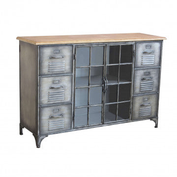 Mobile in ferro e legno con 2 ante e 6 cassetti, 124,5 x 40,5 x 83 cm