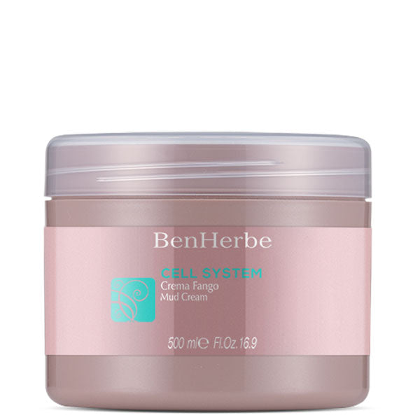 Crema fango cellulite in vasetto rosa con etichetta BenHerbe Cell System, contenitore da 500 ml, ideale per drenare liquidi e adiposità.