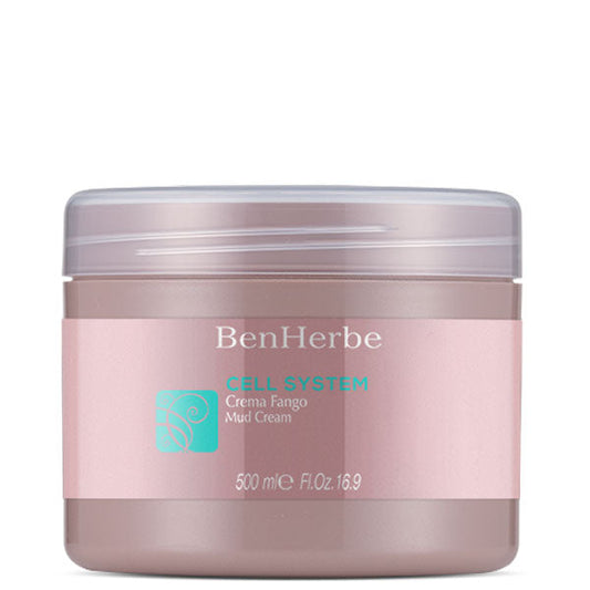 Crema fango cellulite in vasetto rosa con etichetta BenHerbe Cell System, contenitore da 500 ml, ideale per drenare liquidi e adiposità.