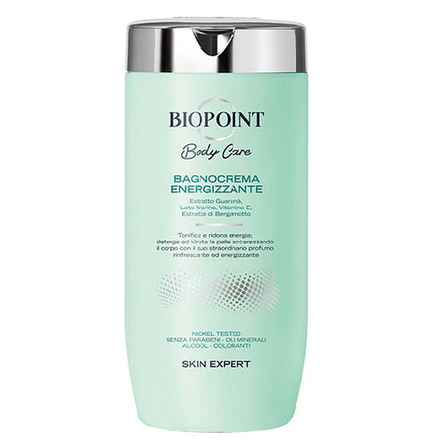 Bagnocrema energizzante BIOPOINT Body Care in tubo verde con tappo metallico, ideale per corpo e mente, con estratto di guaranà e vitamina E