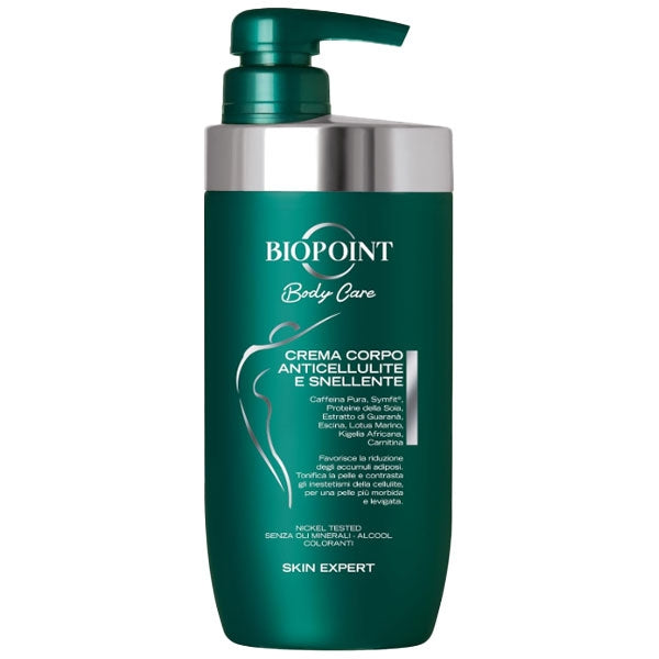 Crema corpo anticellulite e snellente Biopoint Body Care in formato da 500 ml, con pump verde, formula efficace contro cellulite e adiposità