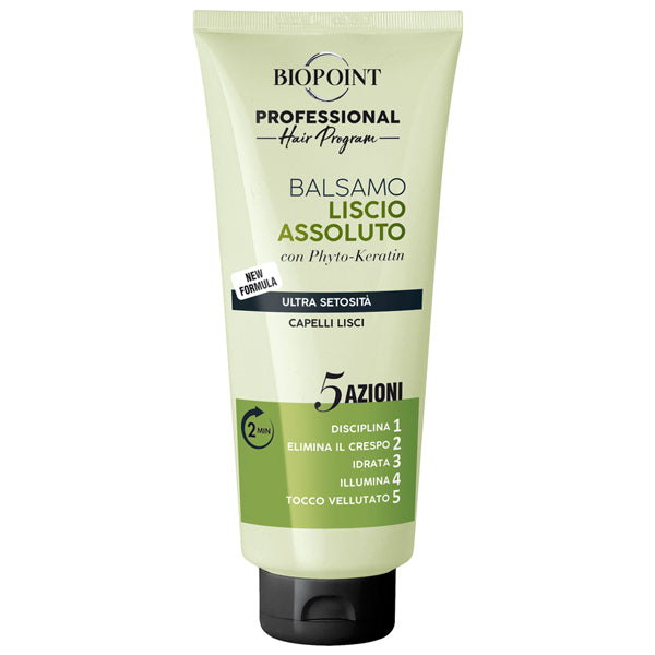 Balsamo capelli liscio assoluto BIOPOINT PROFESSIONAL in tubo verde chiaro, formula con Phyto-Keratin, ideale per capelli lisci e disciplinati