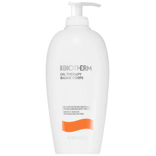 Lozione corpo Biotherm Oil Therapy Baume Corps, contenitore bianco con dispenser, idratante e nutriente per pelle secca, 400 ml