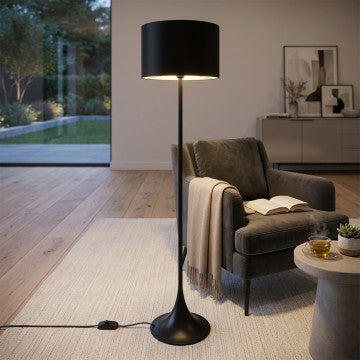 Lampada a stelo in metallo verniciato nero con paralume in tessuto