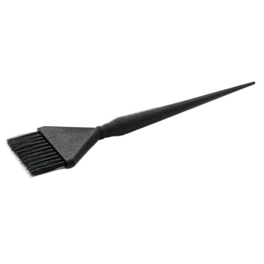 Pennello per tintura con setole naturali nere, manico lungo e sottile, ideale per applicare e miscelare tinture per capelli in modo omogeneo.