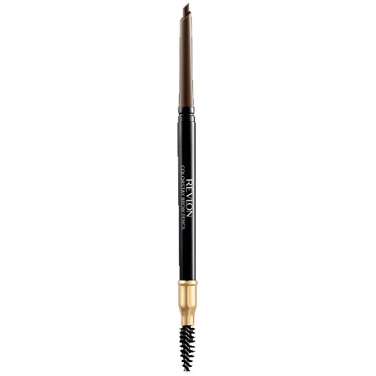 Matita per sopracciglia Revlon ColorStay con punta sottile e spazzola color marrone chiaro, design elegante nero e oro, ideale per definire le sopracciglia.