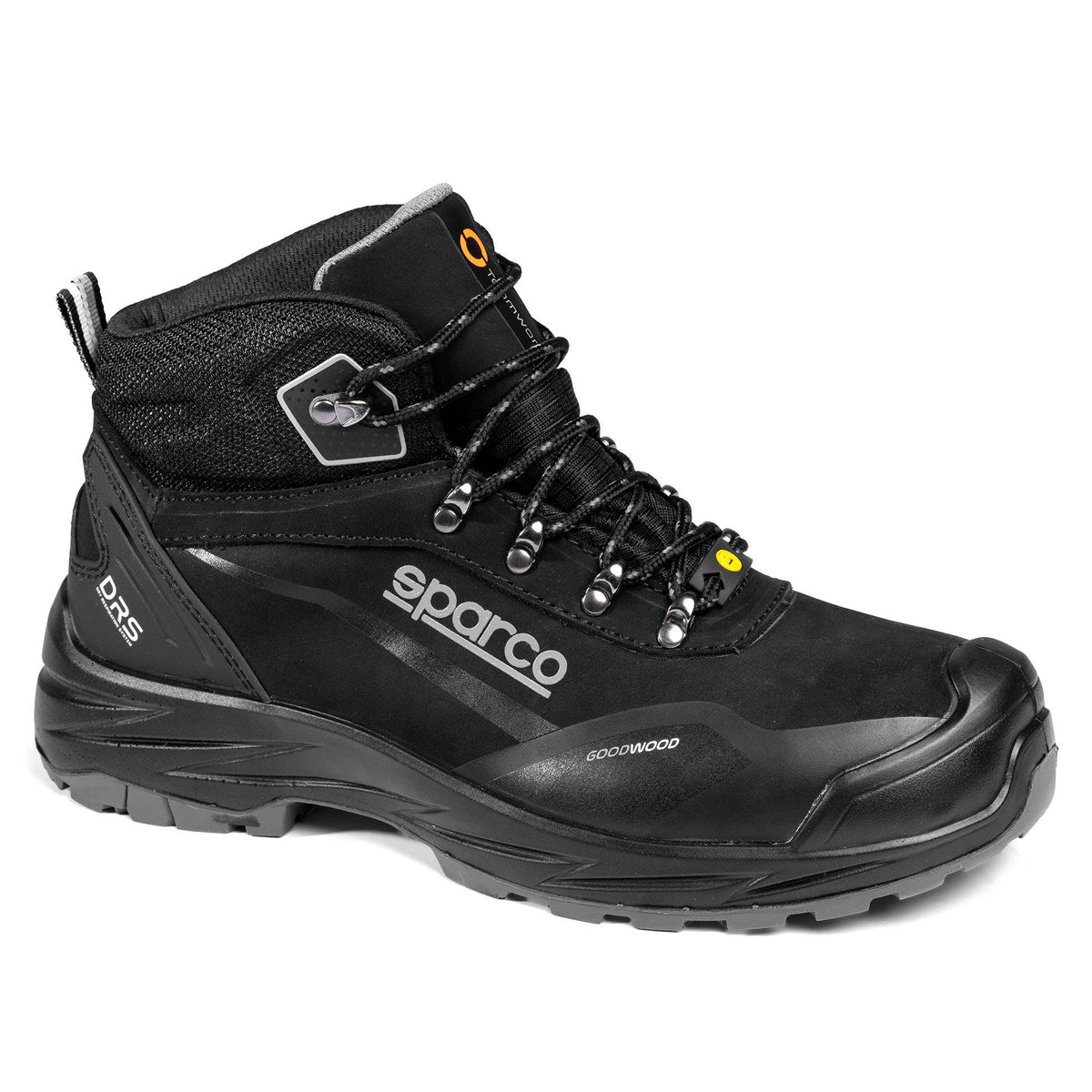 Scarpa Sparco Dell S7 in nabuck idrorepellente nero, con puntale amagnetico e suola antiscivolo. Misure disponibili 39-46.