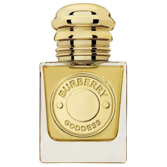 Profumo Burberry Goddess Eau de Parfum Intense in bottiglia con dettagli dorati, forma rettangolare e tappo a rilievo, ideale per donna elegante